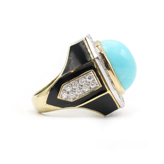 Vintage David Webb Two-Tone Turquoise, Black Enamel & Diamond Plaque Ring