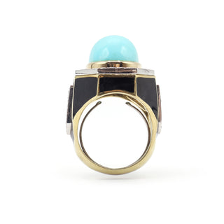 Vintage David Webb Two-Tone Turquoise, Black Enamel & Diamond Plaque Ring