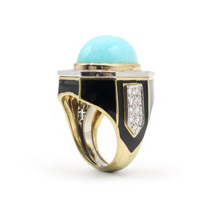 Vintage David Webb Two-Tone Turquoise, Black Enamel & Diamond Plaque Ring