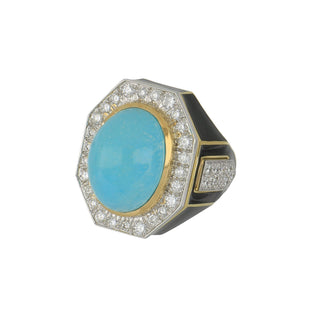Vintage David Webb Two-Tone Turquoise, Black Enamel & Diamond Plaque Ring