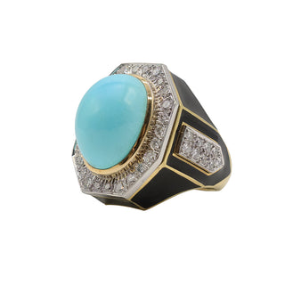 Vintage David Webb Two-Tone Turquoise, Black Enamel & Diamond Plaque Ring