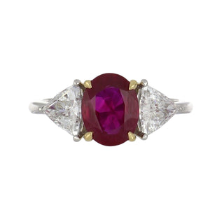 Tenenbaum Platinum Burmese Ruby Three-Stone Ring with Diamonds