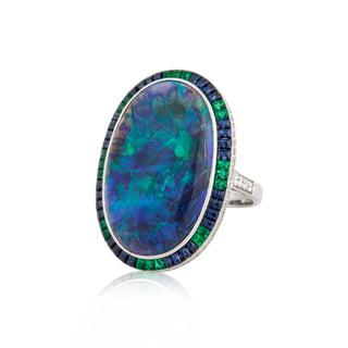 Estate Platinum Oval Black Opal Ring with Sapphire & Emerald Halo