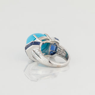 Estate Platinum Cabochon Turquoise Ring with Sapphires & Diamonds
