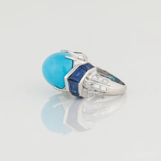 Estate Platinum Cabochon Turquoise Ring with Sapphires & Diamonds