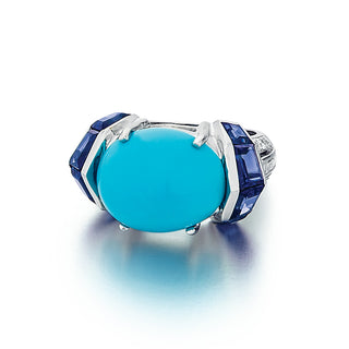 Estate Platinum Cabochon Turquoise Ring with Sapphires & Diamonds