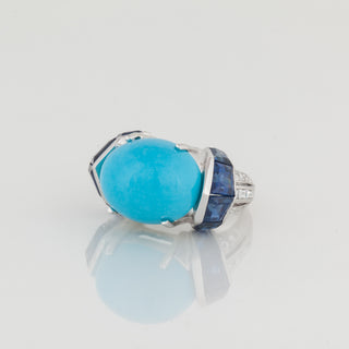 Estate Platinum Cabochon Turquoise Ring with Sapphires & Diamonds