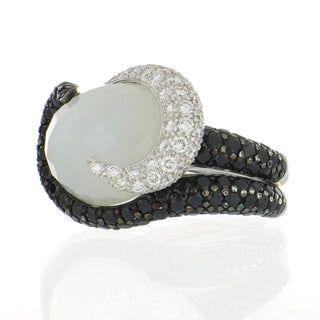 Estate Rodney Rayner 18K Gold Moonstone, Diamond& Black Sapphire Swirl Ring