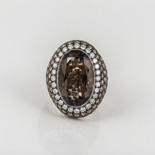 Estate 18K White Gold Smaoky Quartz Ring with Brown & White Diamonds