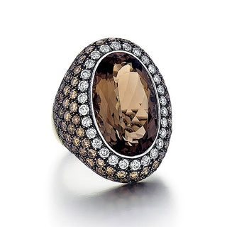 Estate 18K White Gold Smaoky Quartz Ring with Brown & White Diamonds