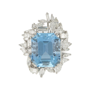 Mid-Century 18K White Gold Aquamarine & Diamond Ring