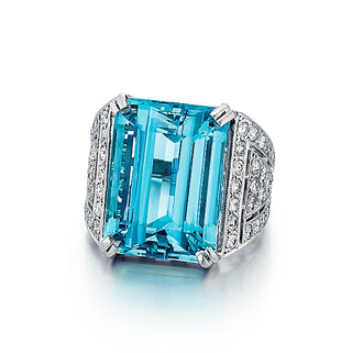 Mid-Century Openwork Platinum Aquamarine and Diamond Ring