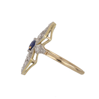 Edwardian 18K & Platinum Sapphire Navette Ring with Diamonds
