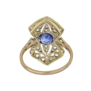 Edwardian 18K & Platinum Sapphire Navette Ring with Diamonds