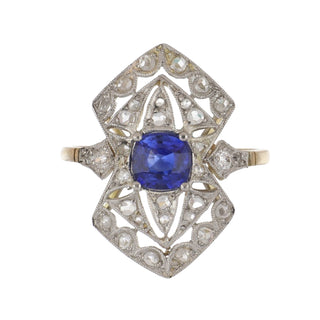 Edwardian 18K & Platinum Sapphire Navette Ring with Diamonds