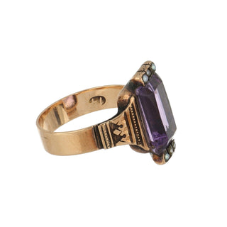 Victorian 14K Gold Amethyst and Seed Pearl Ring with Engraving