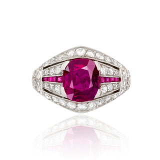 Art-Deco Platinum No Heat Burmese Ruby Ring with Diamonds