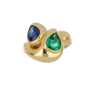 Rene Boivin 18K Gold Sapphire & Emerald Crossover Ring