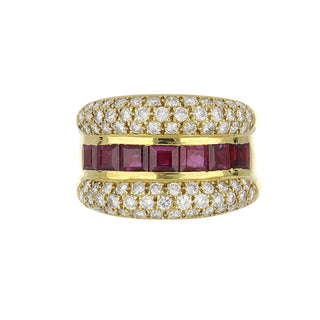 Vintage 18K Channel-Set Ruby Domed Band with Pave Diamonds