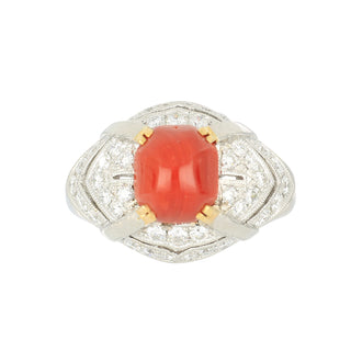 Mid-Century Platinum Sugarloaf Oxblood Coral Ring with Diamonds