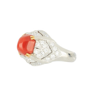 Mid-Century Platinum Sugarloaf Oxblood Coral Ring with Diamonds
