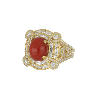 Estate 18K Gold Oxblood Coral Cocktail Ring with Diamonds