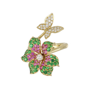 Lisa Nik Rainbow Tsavorite & Pink Sapphire Flower & Butterfly Ring