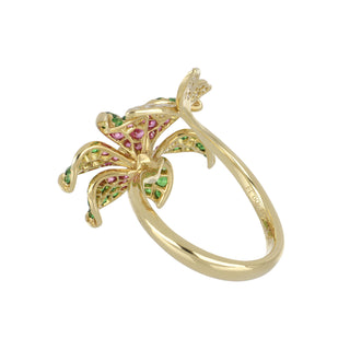 Lisa Nik Rainbow Tsavorite & Pink Sapphire Flower & Butterfly Ring