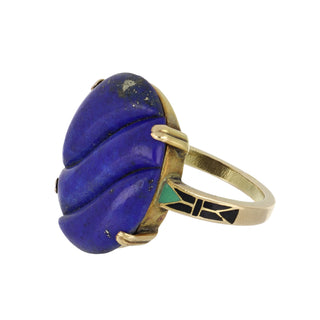 Art Deco Carved Lapis Ring with Enamel