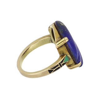Art Deco Carved Lapis Ring with Enamel