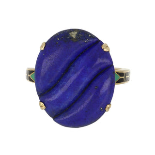 Art Deco Carved Lapis Ring with Enamel