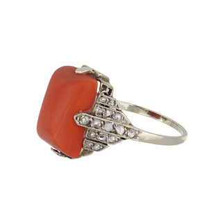 Art Deco Sugarloaf Coral & Diamond Ring