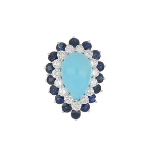 Mid-Century 18K White Gold Turquoise Ring with Sapphires & Diamonds