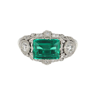 Art Deco Platinum Colombian Emerald & Diamond Ring