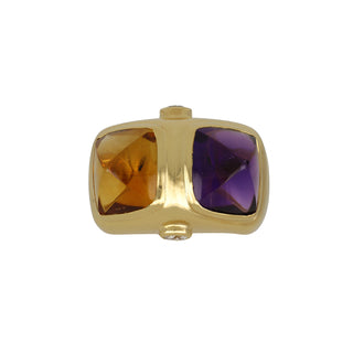 Vintage 1980s 18K Gold Sugarloaf Citrine and Amethyst Twin Stone Ring