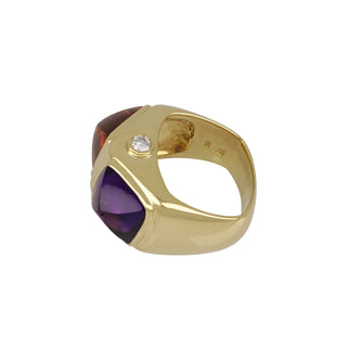 Vintage 1980s 18K Gold Sugarloaf Citrine and Amethyst Twin Stone Ring