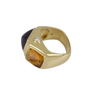 Vintage 1980s 18K Gold Sugarloaf Citrine and Amethyst Twin Stone Ring