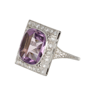 Art Deco 18K Amethyst & Diamond Plaque Ring with Engraving