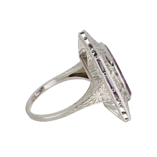 Art Deco 18K Amethyst & Diamond Plaque Ring with Engraving