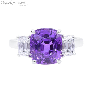 Oscar Heyman Platinum Purple Sapphire Cushion Three-Stone Ring with Diamonds