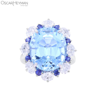 Oscar Heyman Platinum Aquamarine Cocktail Ring with Sapphires and Diamonds