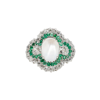 Edwardian Platinum Topped 18K Gold Moonstone Ring with Emeralds