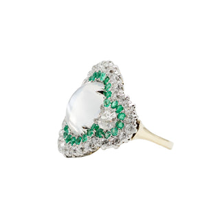 Edwardian Platinum Topped 18K Gold Moonstone Ring with Emeralds