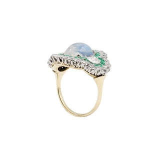 Edwardian Platinum Topped 18K Gold Moonstone Ring with Emeralds