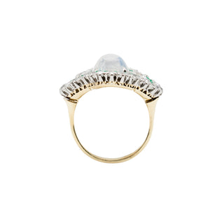 Edwardian Platinum Topped 18K Gold Moonstone Ring with Emeralds