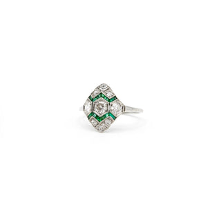Art Deco Platinum Emerald & Old European-Cut Diamond Plaque Ring