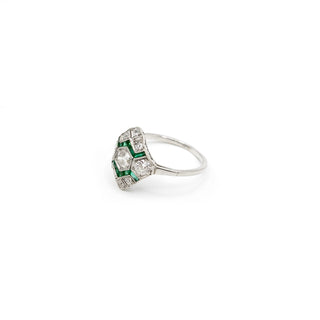 Art Deco Platinum Emerald & Old European-Cut Diamond Plaque Ring