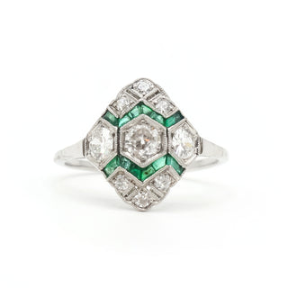 Art Deco Platinum Emerald & Old European-Cut Diamond Plaque Ring
