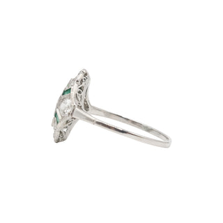Art Deco Platinum Emerald & Old European-Cut Diamond Plaque Ring