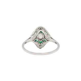Art Deco Platinum Emerald & Old European-Cut Diamond Plaque Ring